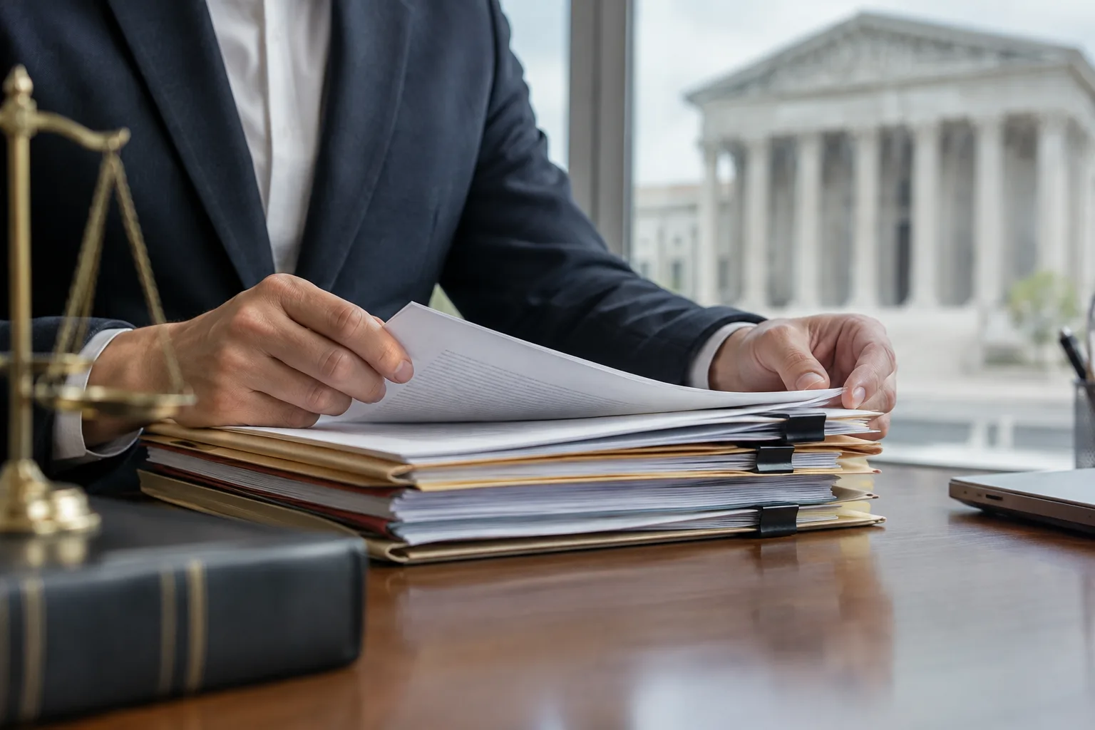 Des mains parcourent un dossier juridique posé sur un bureau.