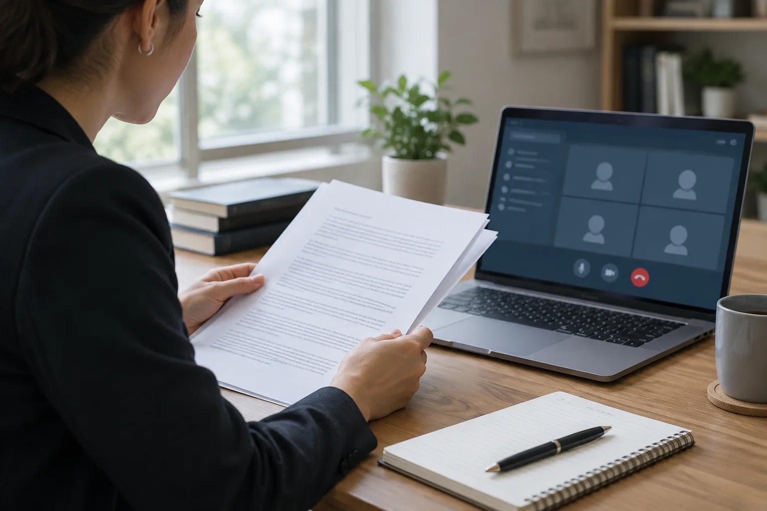 Documents juridiques consultés à distance sur un bureau avec un ordinateur portable.