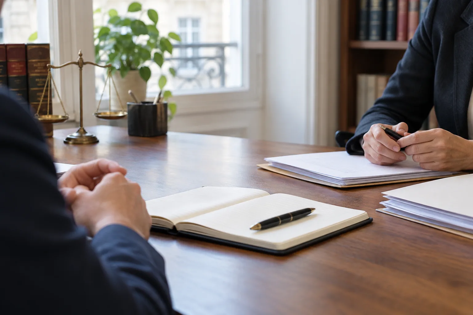 Documents et carnet préparés sur une table avant un rendez-vous juridique.