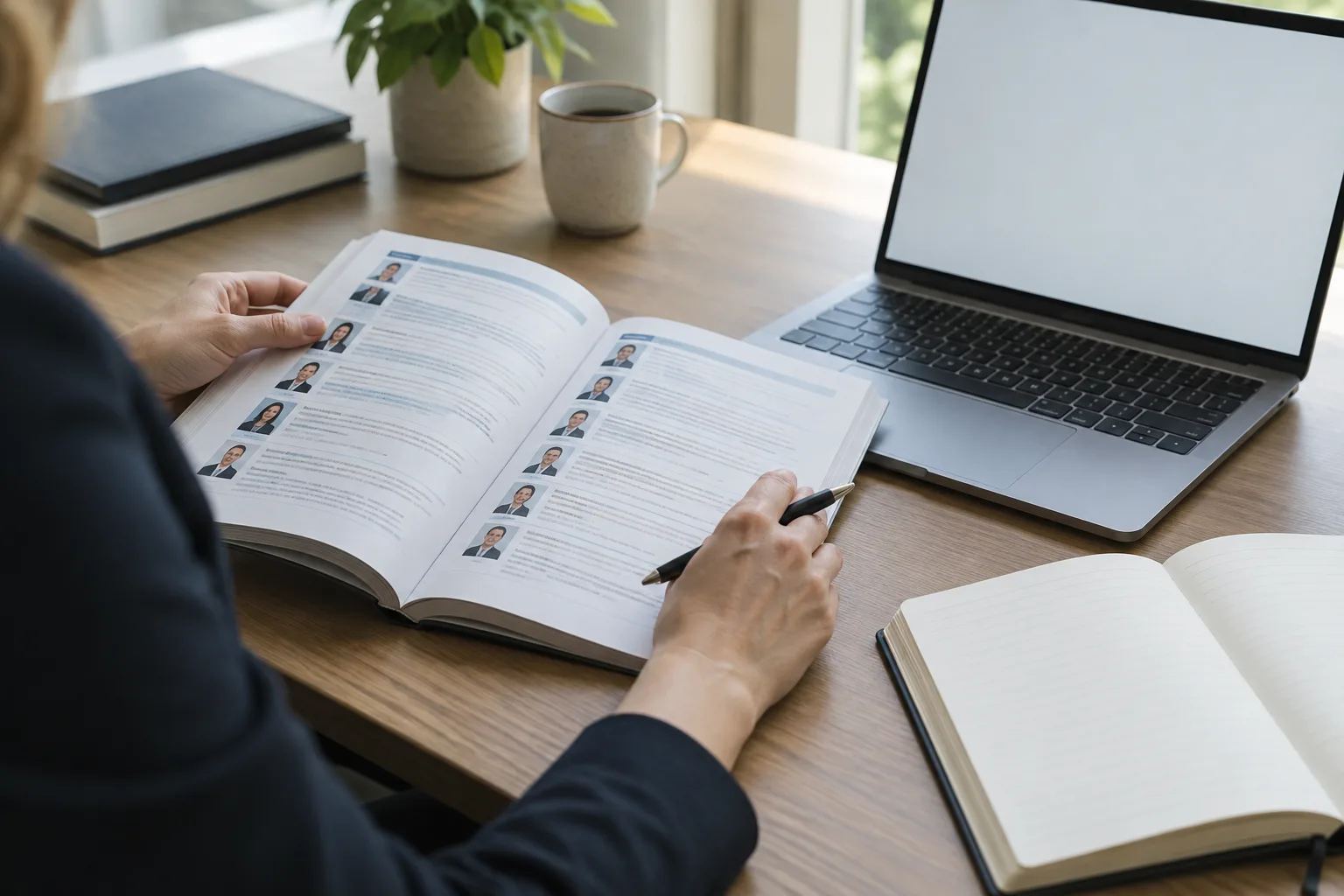 Une personne consulte un annuaire de professionnels du droit à son bureau.