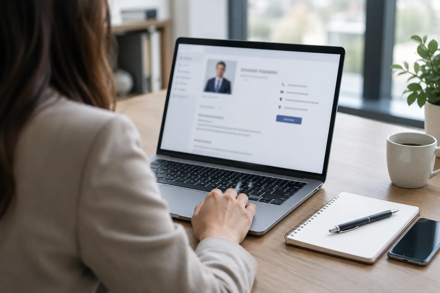 Une personne vérifie les coordonnées professionnelles d’un avocat sur un ordinateur.