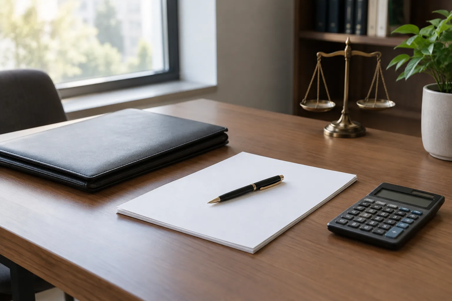 Un dossier juridique, un stylo et une calculatrice posés sur un bureau.